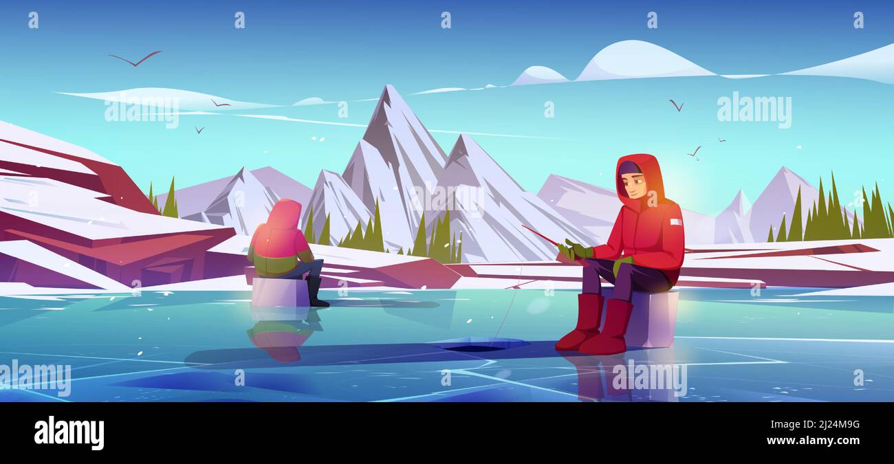 Winter ice fishing with men holding rods, wear warm clothes, sitting on  boxes catching fish on frozen pond surface with holes. Male characters  wintertime hobby, recreation, Cartoon vector illustration Stock Vector Image