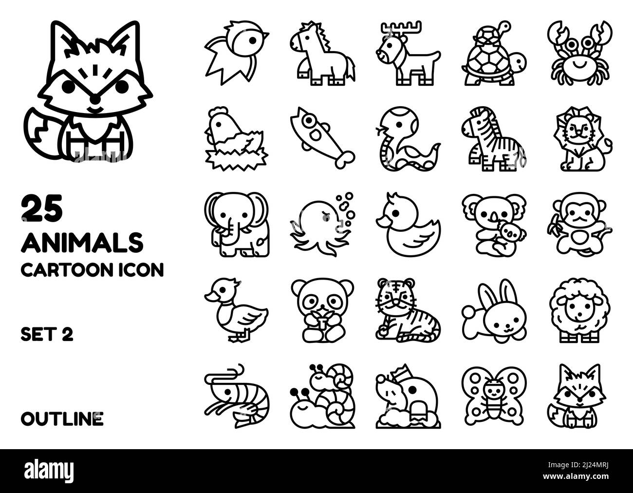 Animal outline icon vector set. Cute cartoon design illustration line ...