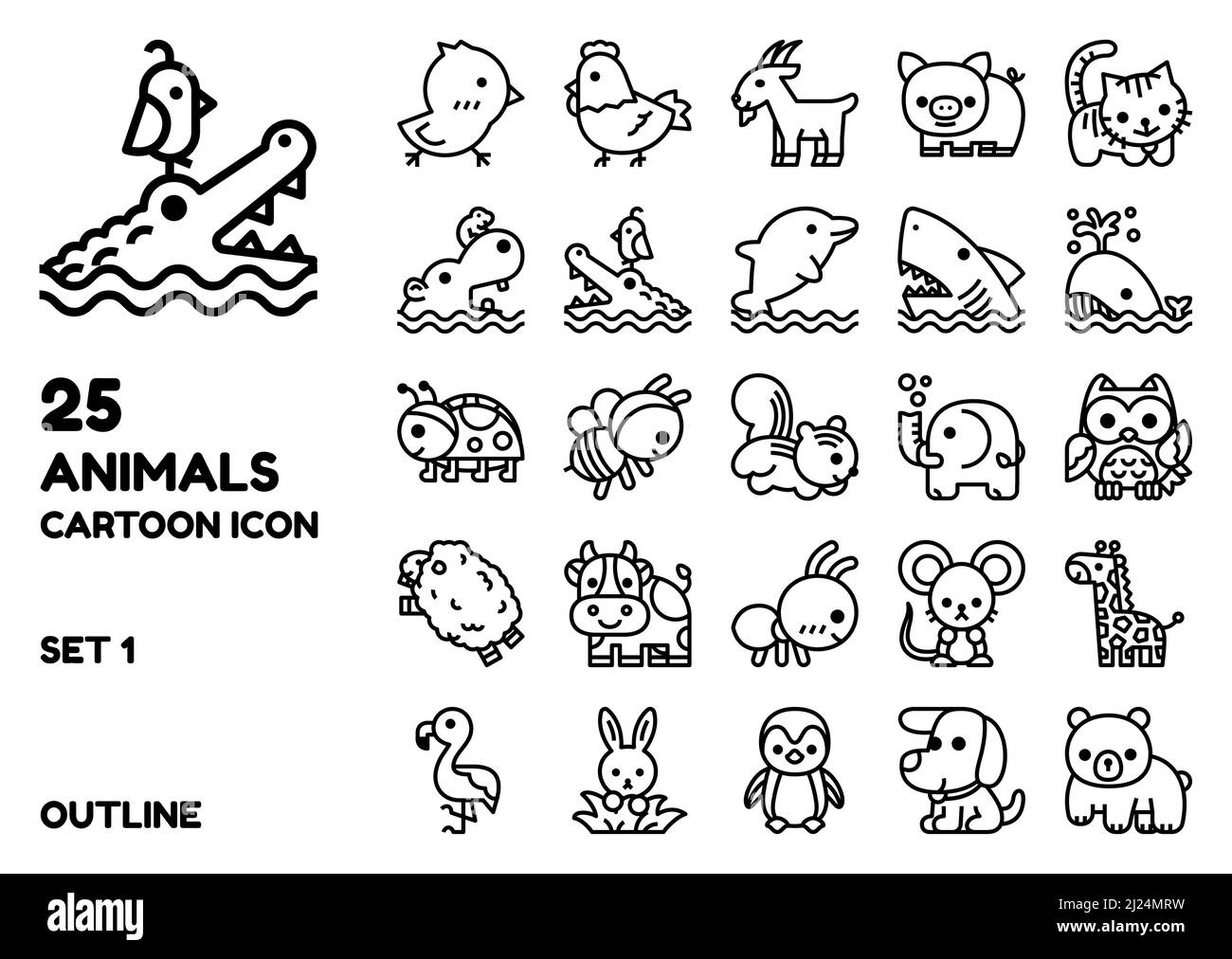 Animal outline icon vector set. Cute cartoon design illustration line art for decoration,brochure,banner,website,media,etc. Stock Vector