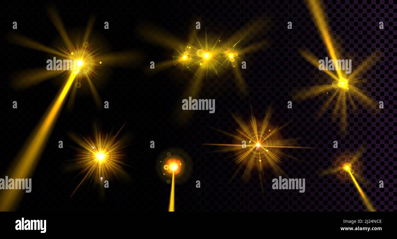 Lens flares effect, yellow light flashes isolated on transparent