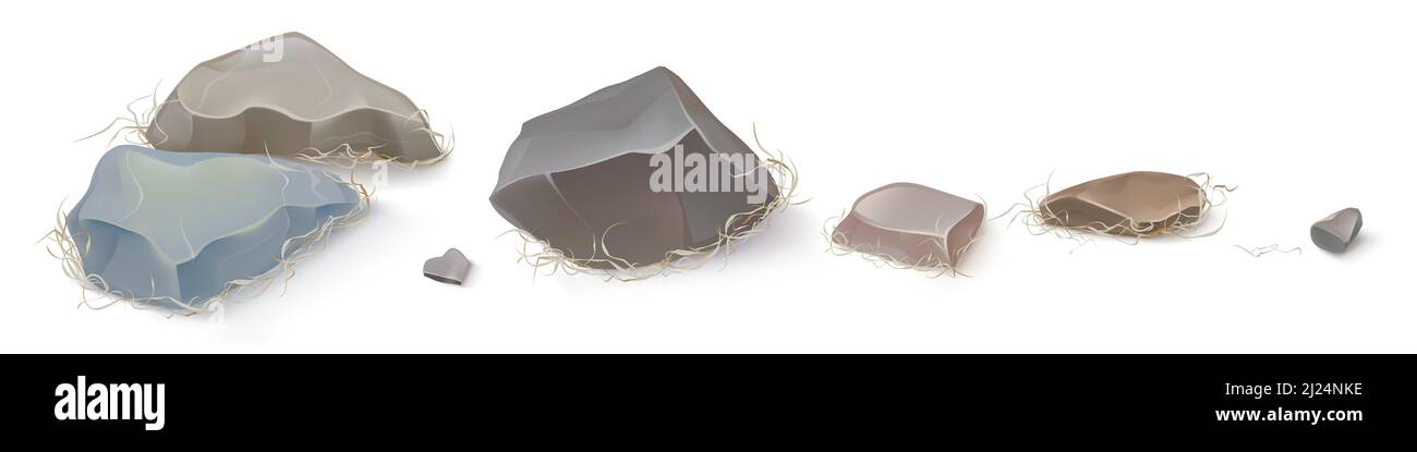 Mountain rocks, stones, pebbles or boulders with dry grass. Natural geological materials with realistic texture. Rocky pieces of different shapes and sizes, Isolated 3d vector illustration, set Stock Vector