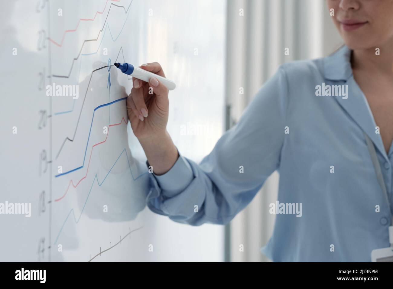 Hand of young female speaker with blue highlighter pointing at graph on