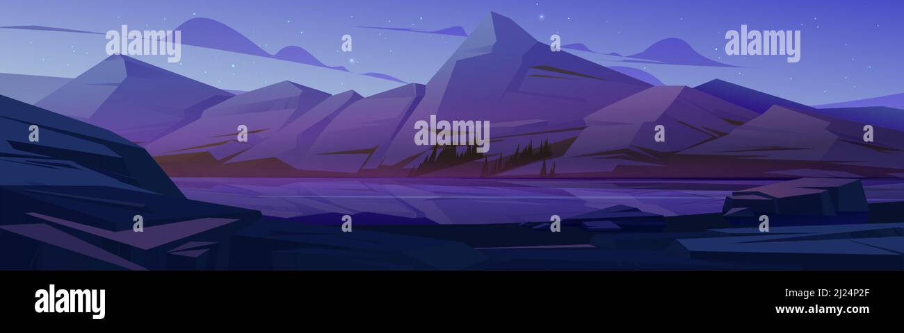 Nordic landscape with mountains and river at night. Vector cartoon ...