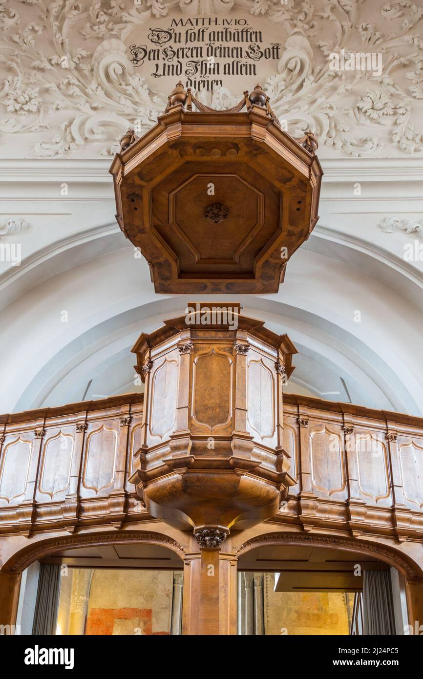 view from below on woody pulpit and plastering of St. Peter church in Zurich Stock Photo