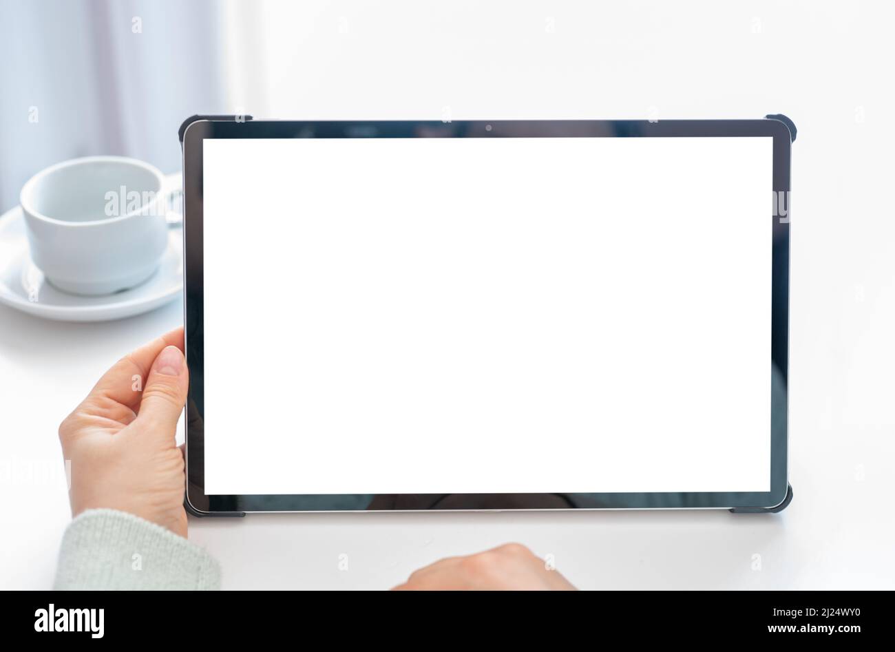 Tablet screen mockup. Video conference. Online communication. Modern technology. watching video or webinar, playing mobile device game, chatting in so Stock Photo