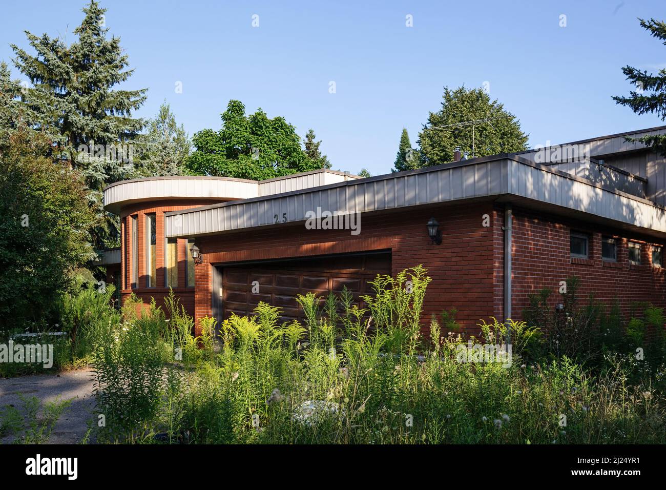 A brick house that is almost completely obscured by overgrowth. This house has since been demolished. Stock Photo