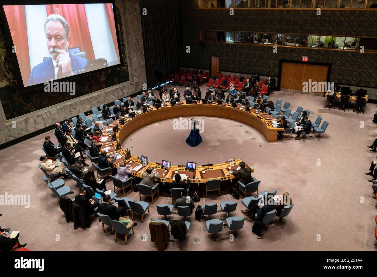 New York, NY - March 29, 2022: David Beasley, Executive Director of the United Nations World Food Programme, briefs via weblink the Security Council meeting on the situation in Ukraine at UN Headquarters Stock Photo