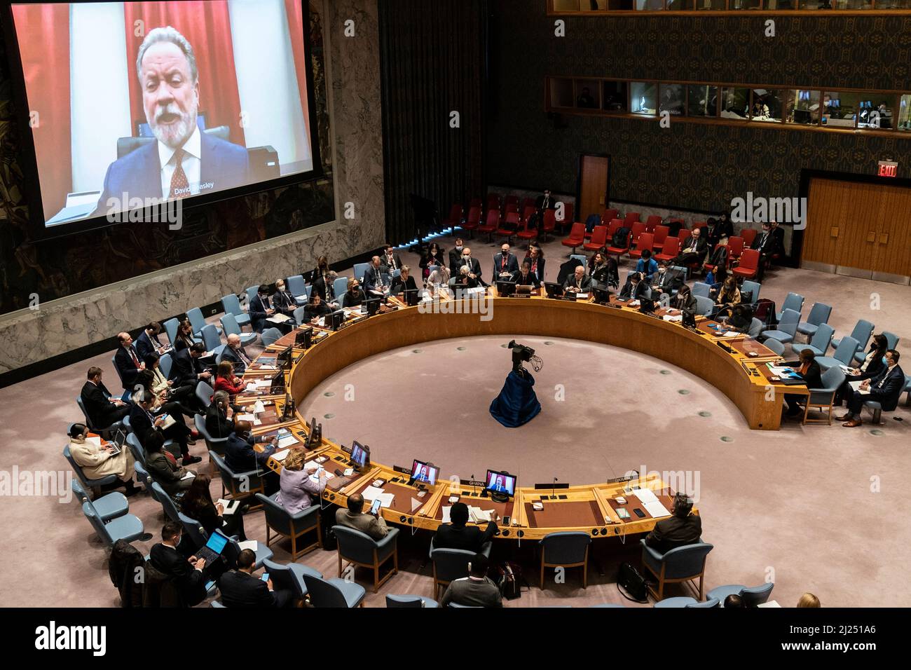 New York, NY - March 29, 2022: David Beasley, Executive Director of the United Nations World Food Programme, briefs via weblink the Security Council meeting on the situation in Ukraine at UN Headquarters Stock Photo