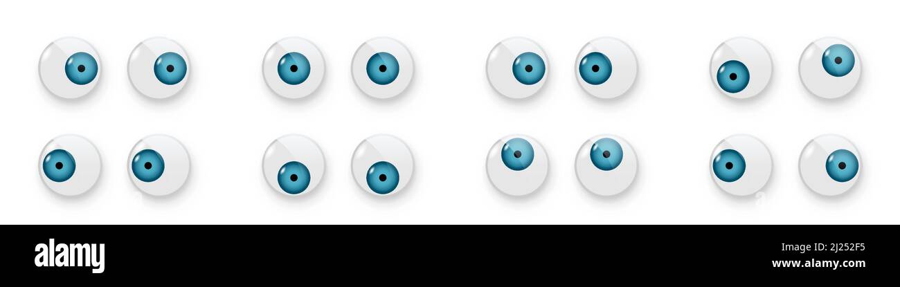 Toy eyes set vector illustration. Wobbly plastic open blue eyeballs of dolls looking up, down, left, right, crazy round parts with black pupil collect Stock Vector