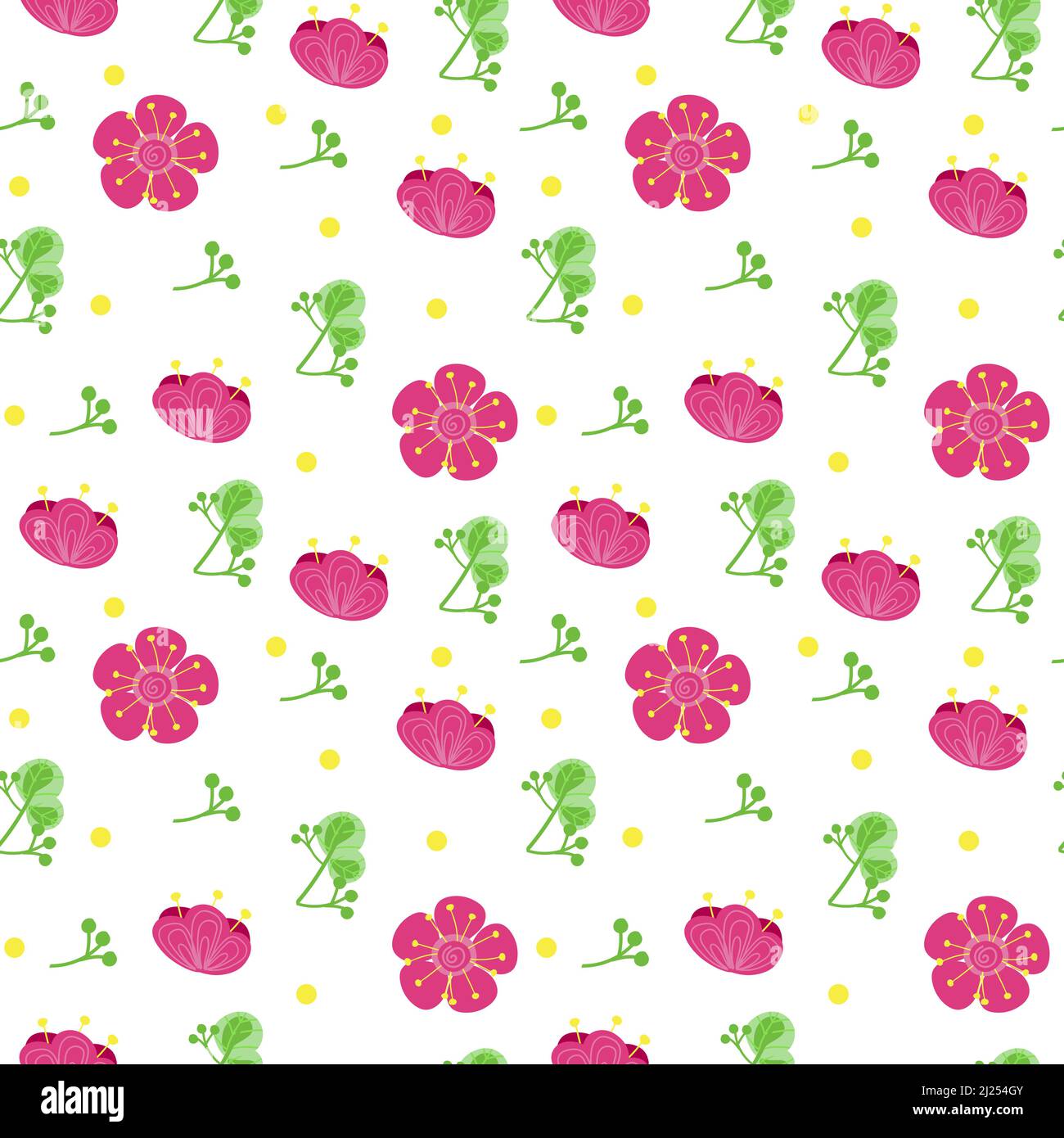 Seamless pattern of bright colors, hand-painted elements. Spring. Pink flowers. Vector in cartoon style. Flowers, buds and leaves on a white Stock Vector