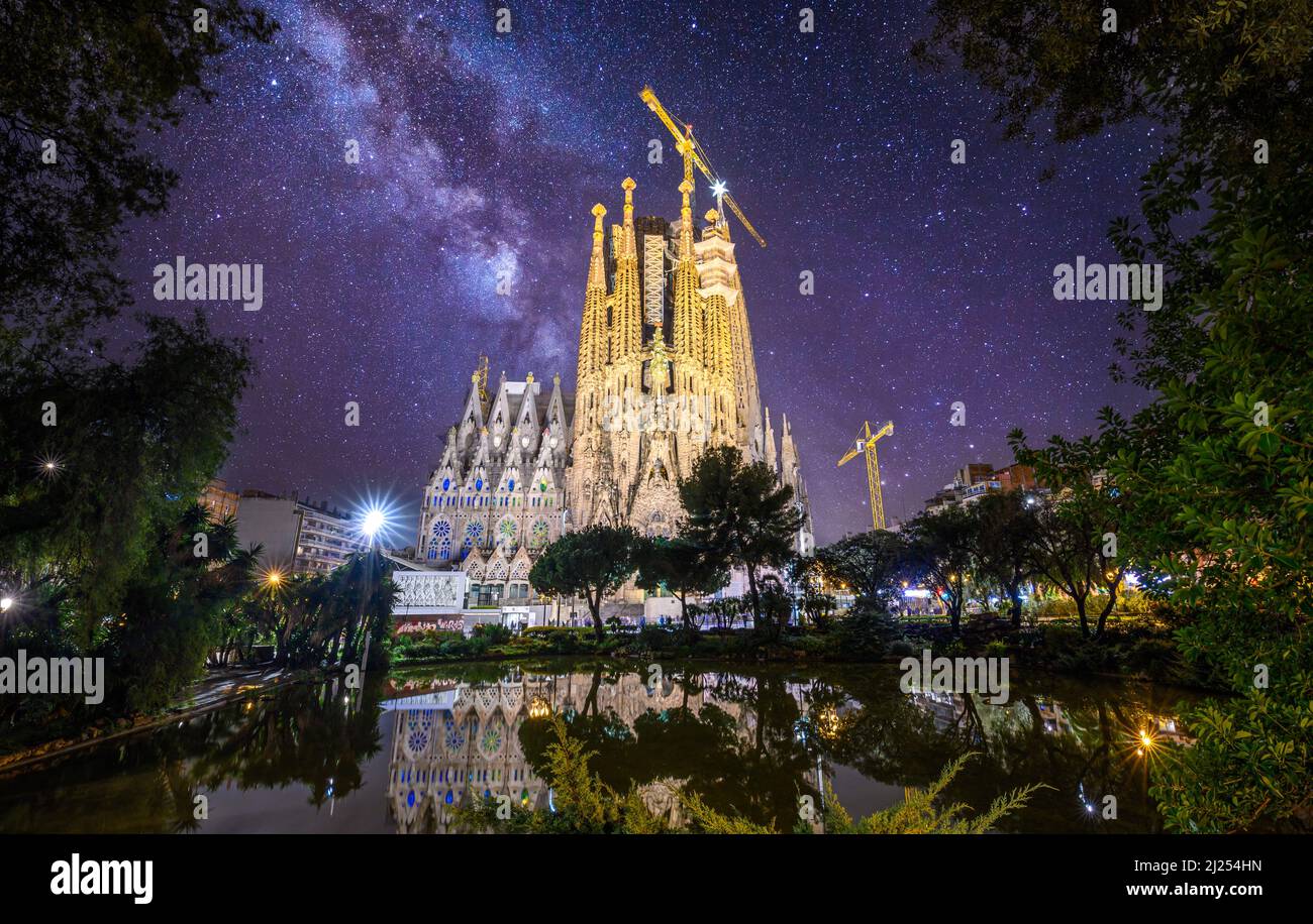 Barcelona, Spain. Cathedral of La Sagrada Familia at night. It is designed by architect Antonio Gaudi Stock Photo
