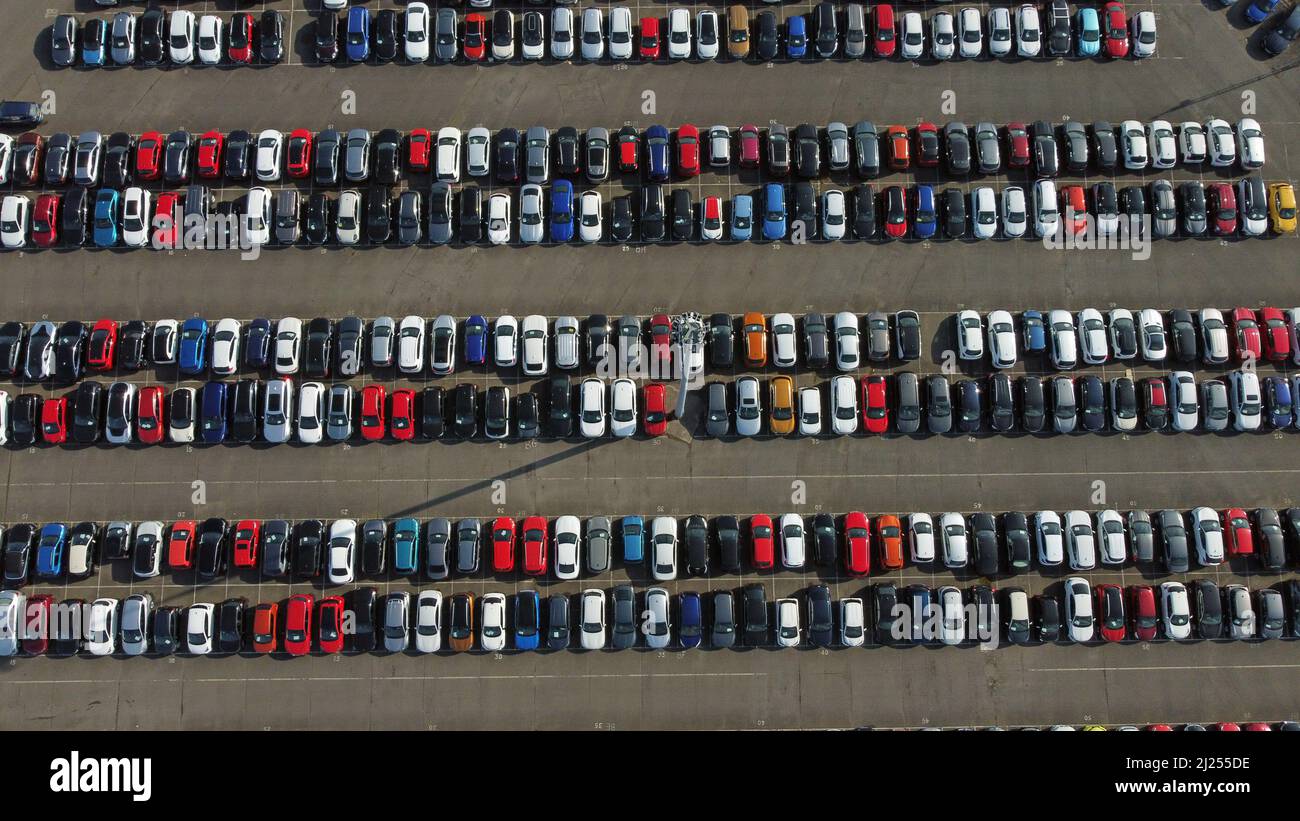 Corby, UK. 28th Mar, 2022. Hundreds of cars pictured in Corby