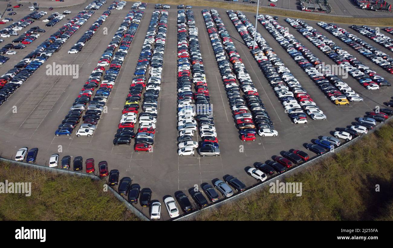 Corby, UK. 28th Mar, 2022. Hundreds of cars pictured in Corby
