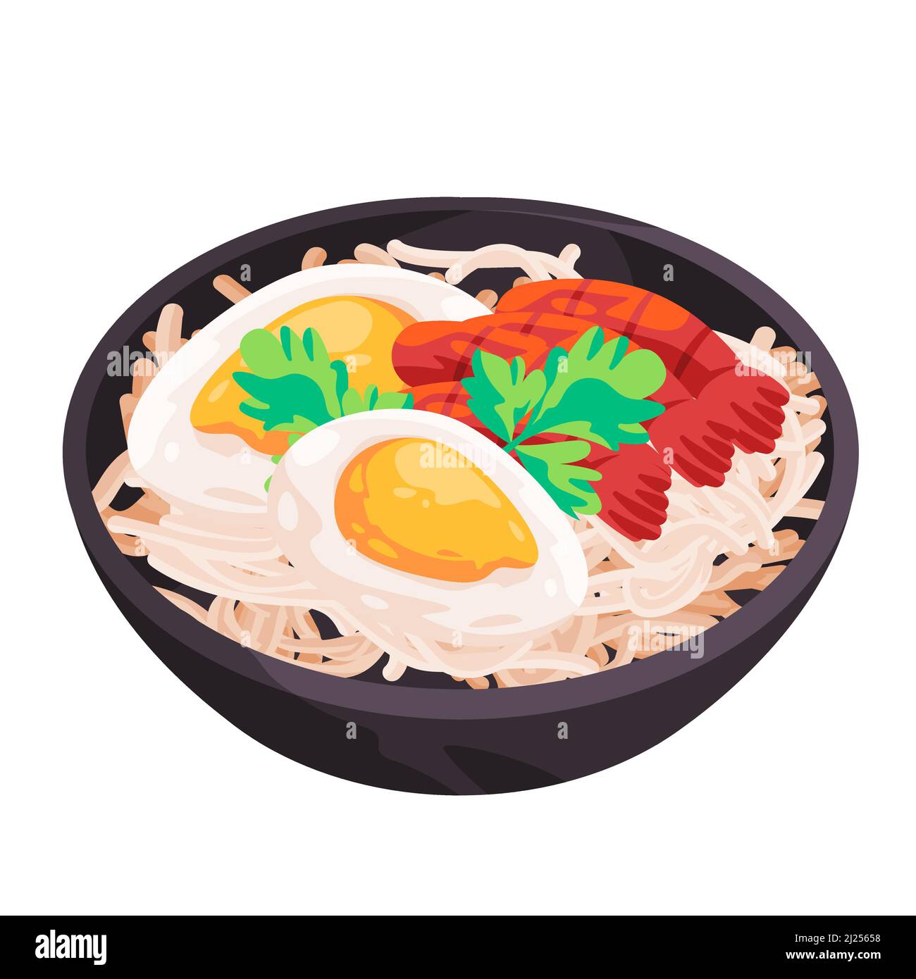 Noodle in bowl with eggs ramen udon traditional chinese asian food drawing illustration Stock