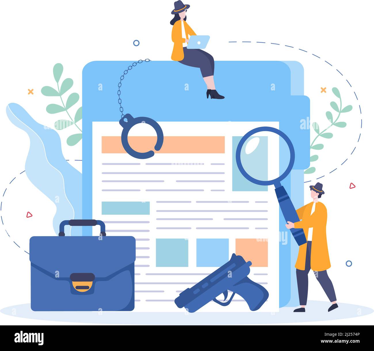 Private Investigator or Detective Who Collects Information to Solve Crimes with Equipment such as Magnifying Glass, Handcuffs and Other in Cartoon Bac Stock Vector