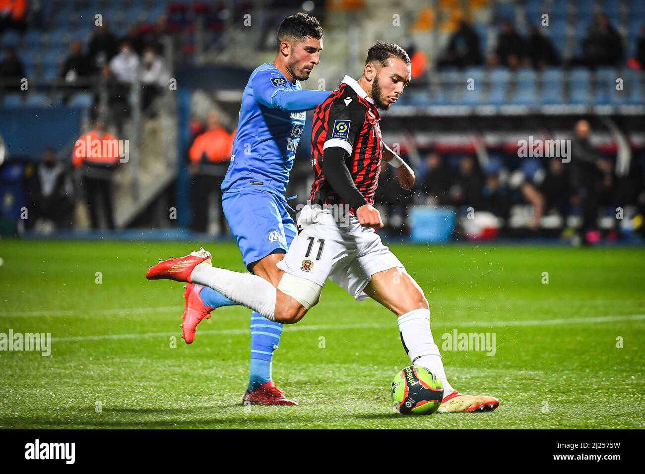 Alvaro GONZALEZ of Marseille and Amine GOUIRI of Nice during the French championship Ligue 1 football match between OGC Nice and Olympique de Marseille on October 27, 2021 at Stade de l'Aube in Troyes, France - Photo Matthieu Mirville / DPPI Stock Photo