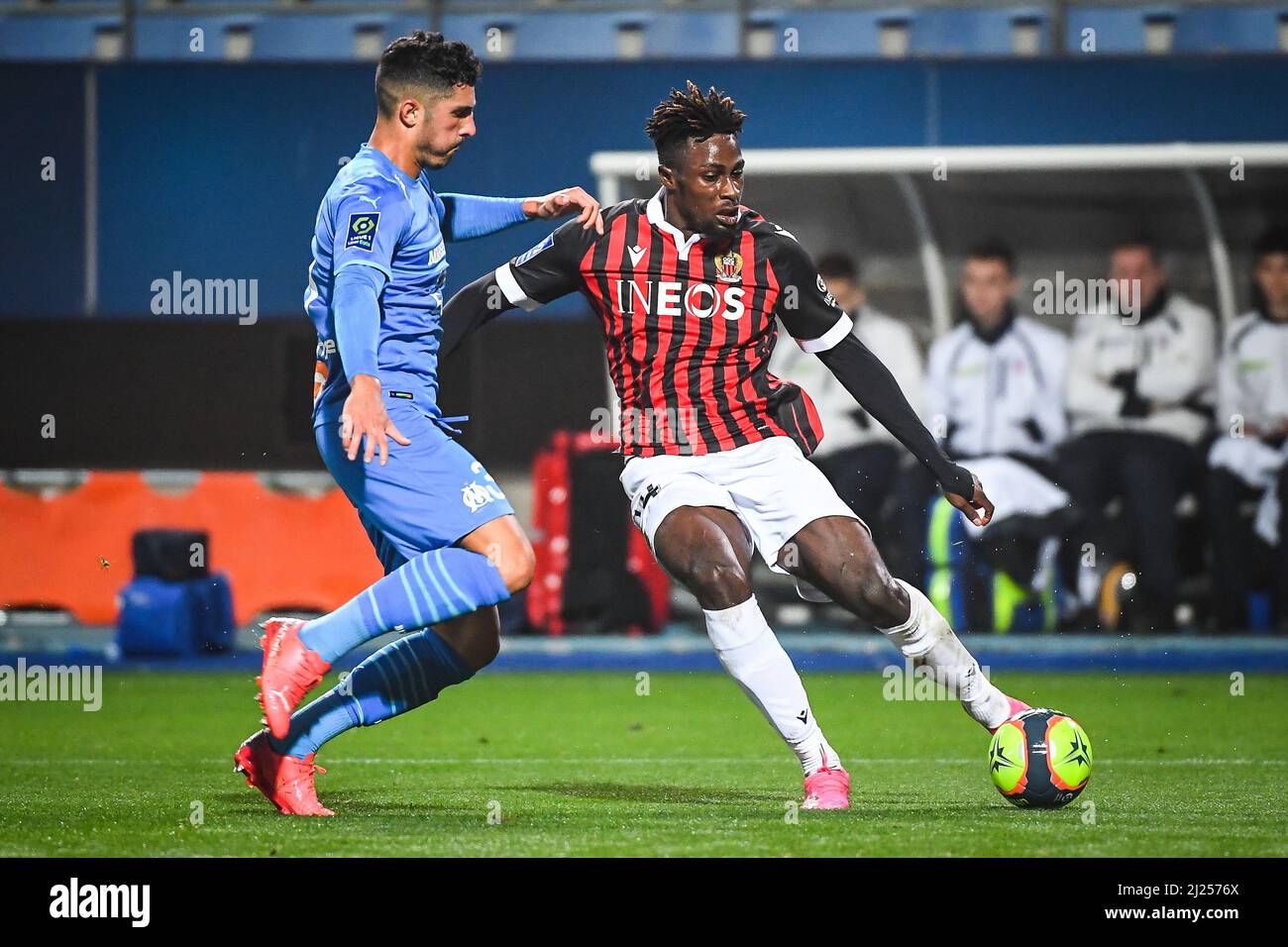 Alvaro GONZALEZ of Marseille and Evann GUESSAND of Nice during the French championship Ligue 1 football match between OGC Nice and Olympique de Marseille on October 27, 2021 at Stade de l'Aube in Troyes, France - Photo Matthieu Mirville / DPPI Stock Photo