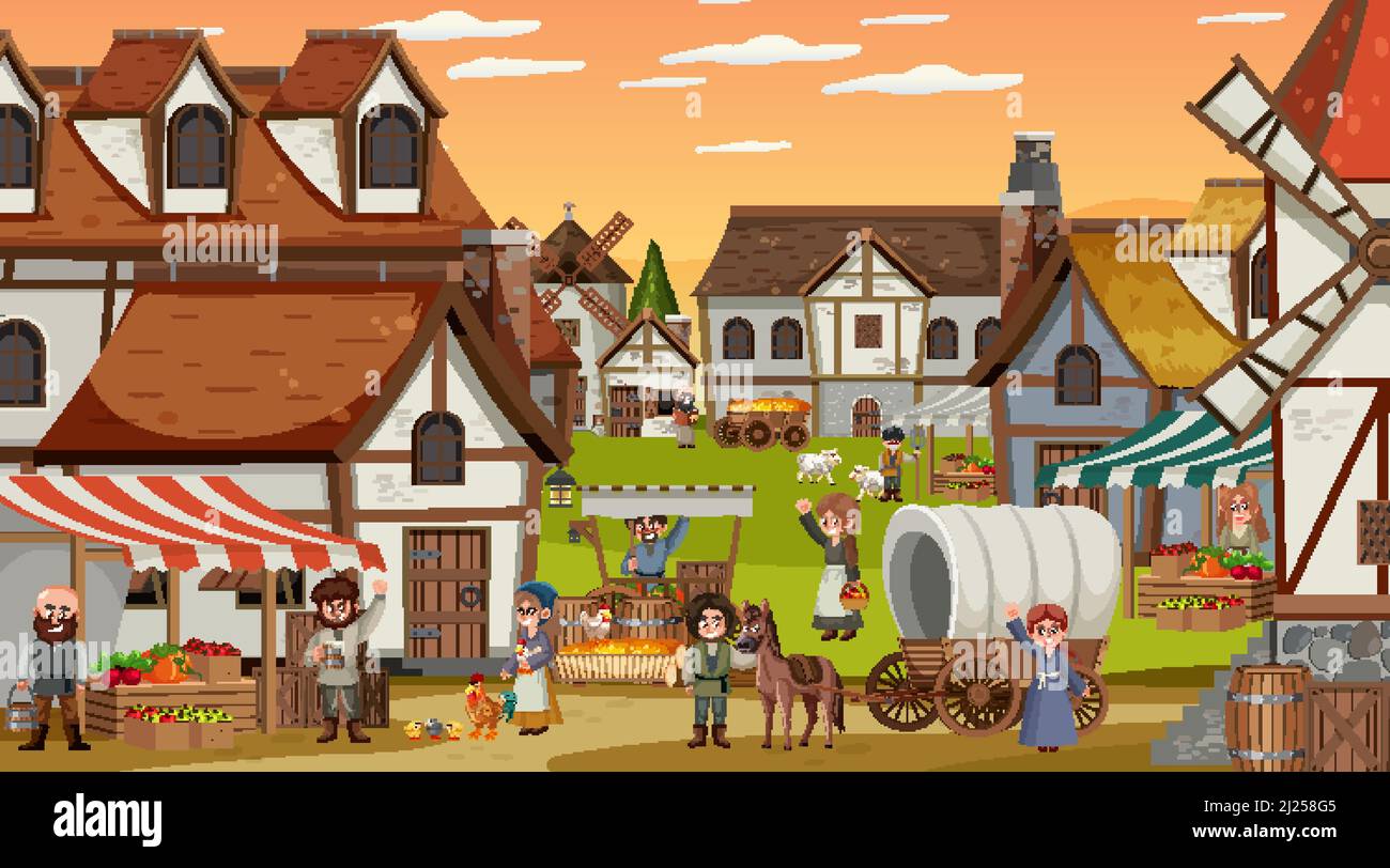 Medieval town scene with villagers illustration Stock Vector Image ...