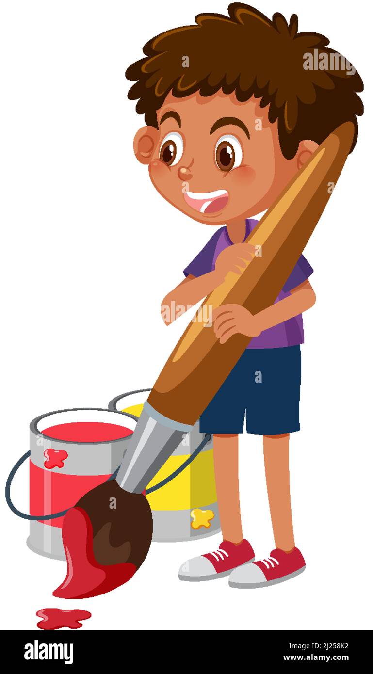 Cartoon boy holding brush with red colour illustration Stock Vector ...