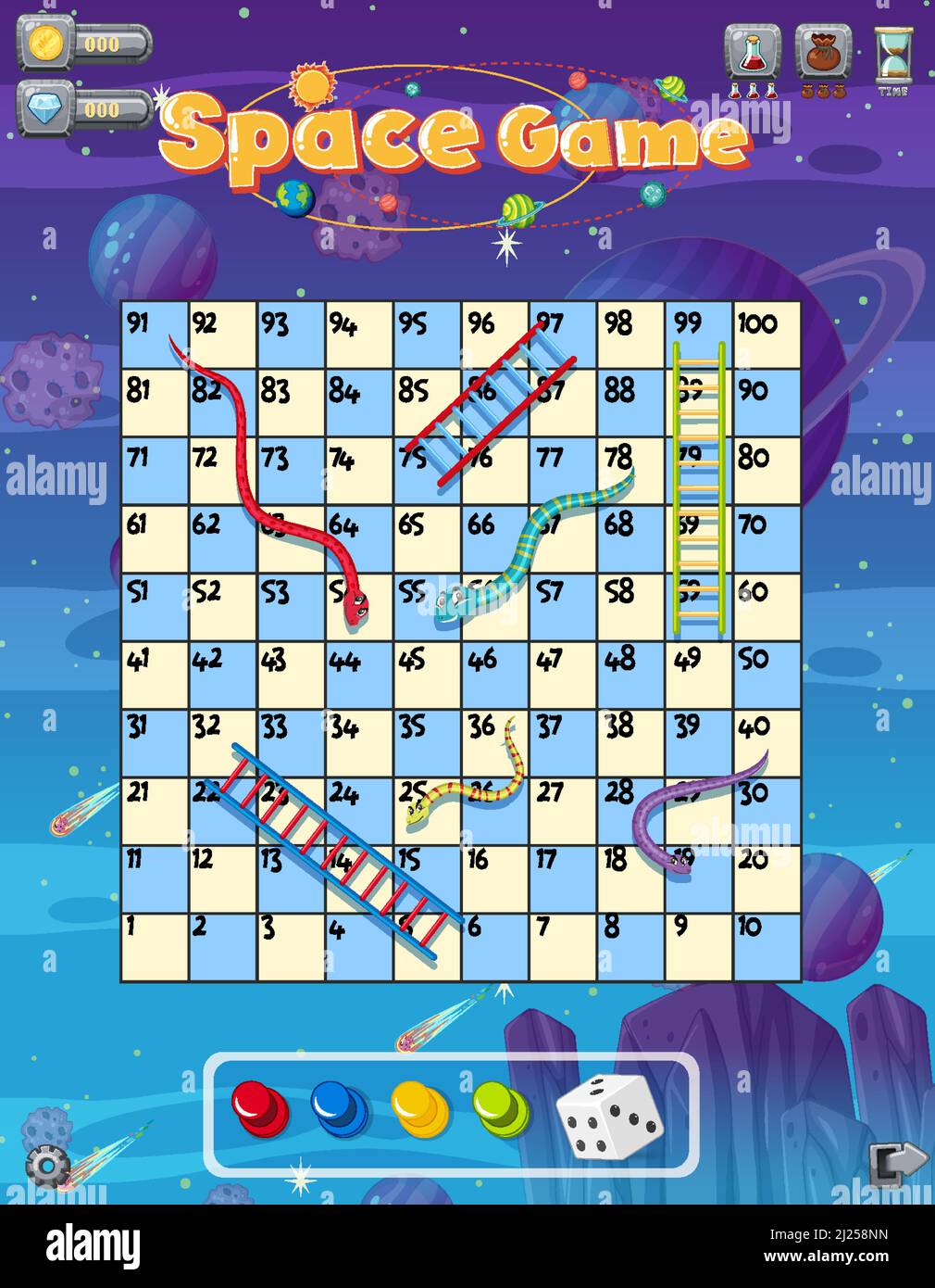A snake ladder game template on space background illustration Stock Vector