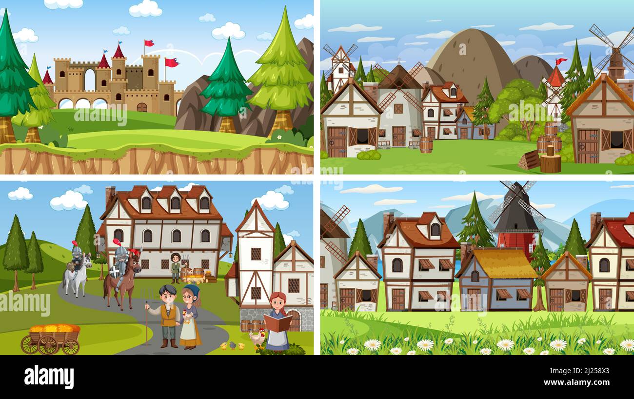 set-of-different-scene-medieval-illustration-stock-vector-image-art