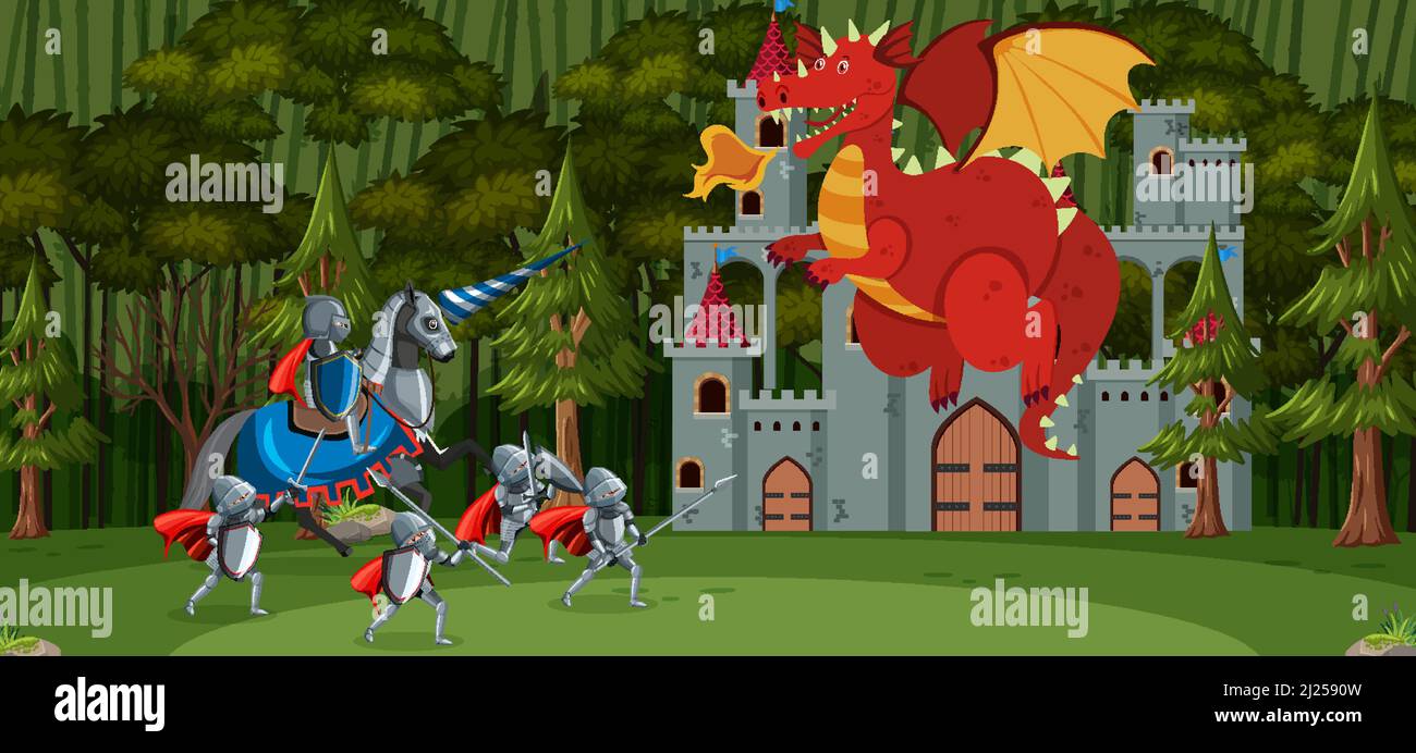 Scene with knight and dragon in forest illustration Stock Vector Image ...
