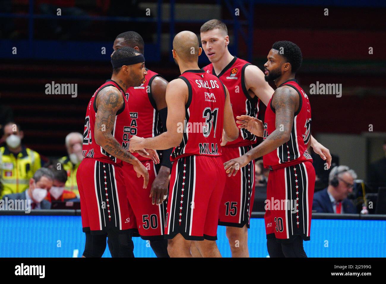 Milan, Italy. 29th Mar, 2022. AX Armani Exchange Olimpia Milano team during AX  Armani Exchange Milano vs Bayern Monaco, Basketball Euroleague Championship  in Milan, Italy, March 29 2022 Credit: Independent Photo Agency/Alamy