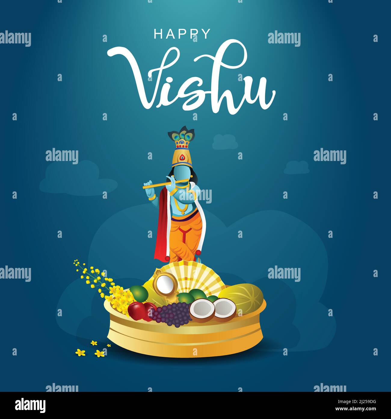 Happy Vishu greetings. April 14 Kerala festival with Vishu Kani, vishu flower Fruits and vegetables in a bronze vessel. vector illustration design (Ma Stock Vector