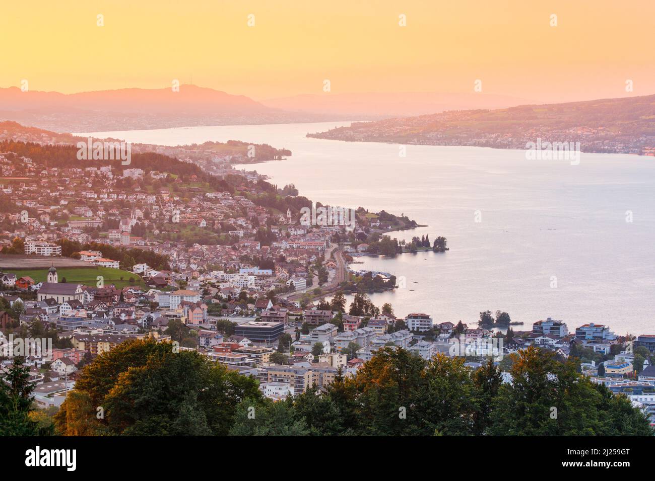 View at dusk from Feusisberg over Lake Zurich to Zurich, with the illuminated villages Wollerau, Richterswil, Wawdenswil and Meilen and the Uetliberg in the background, Canton Zurich, Switzerland Stock Photo