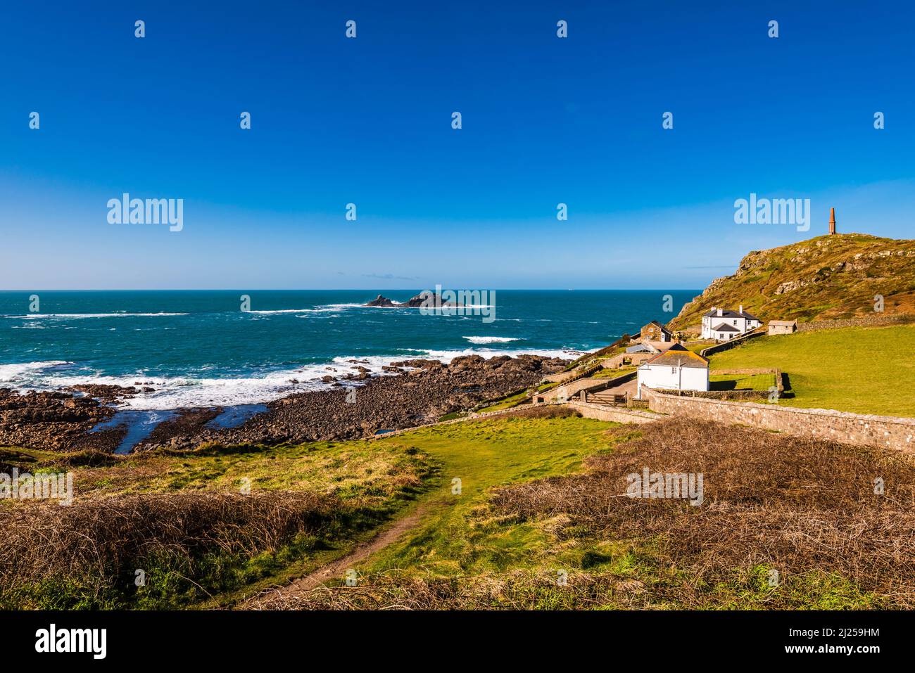 Looking out across Priest's Cove to The Brisons rocks at Cape Cornwall, near Land's End, Penzance, Cornwall, UK Stock Photo