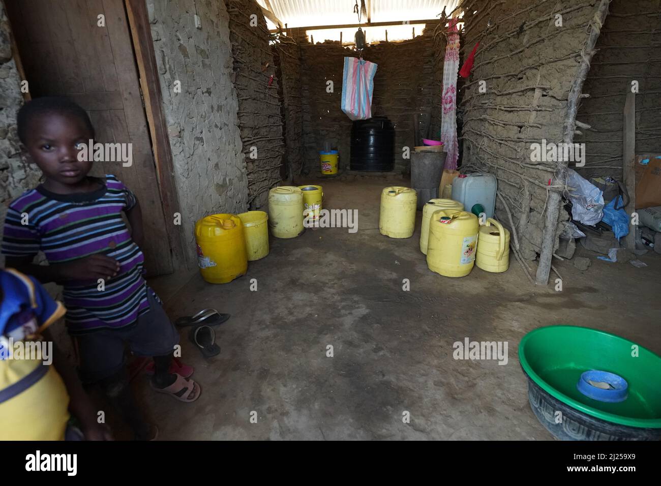 (220330) -- KILIFI, March 30, 2022 (Xinhua) -- Buckets of water are seen in Caroline's house in Kidemu sub-location in Kilifi County, Kenya, March 23, 2022. Scattered on the five-acre farm in Bandari village, Kidemu sub-location in Kenya's coastal Kilifi County, were withered maize crops. Adam Ndamunga, an officer with Kenya National Drought Management Authority (NDMA) in Kilifi, said the drought situation in the region started in August 2021 and has been progressing due to inadequate rains. The United Nations relief agency said the Horn of Africa is experiencing one of its worst drough Stock Photo