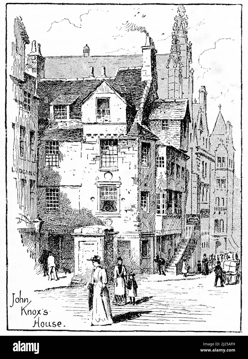 Engraving of John Knox's house in Scotland, circa 1890 Stock Photo