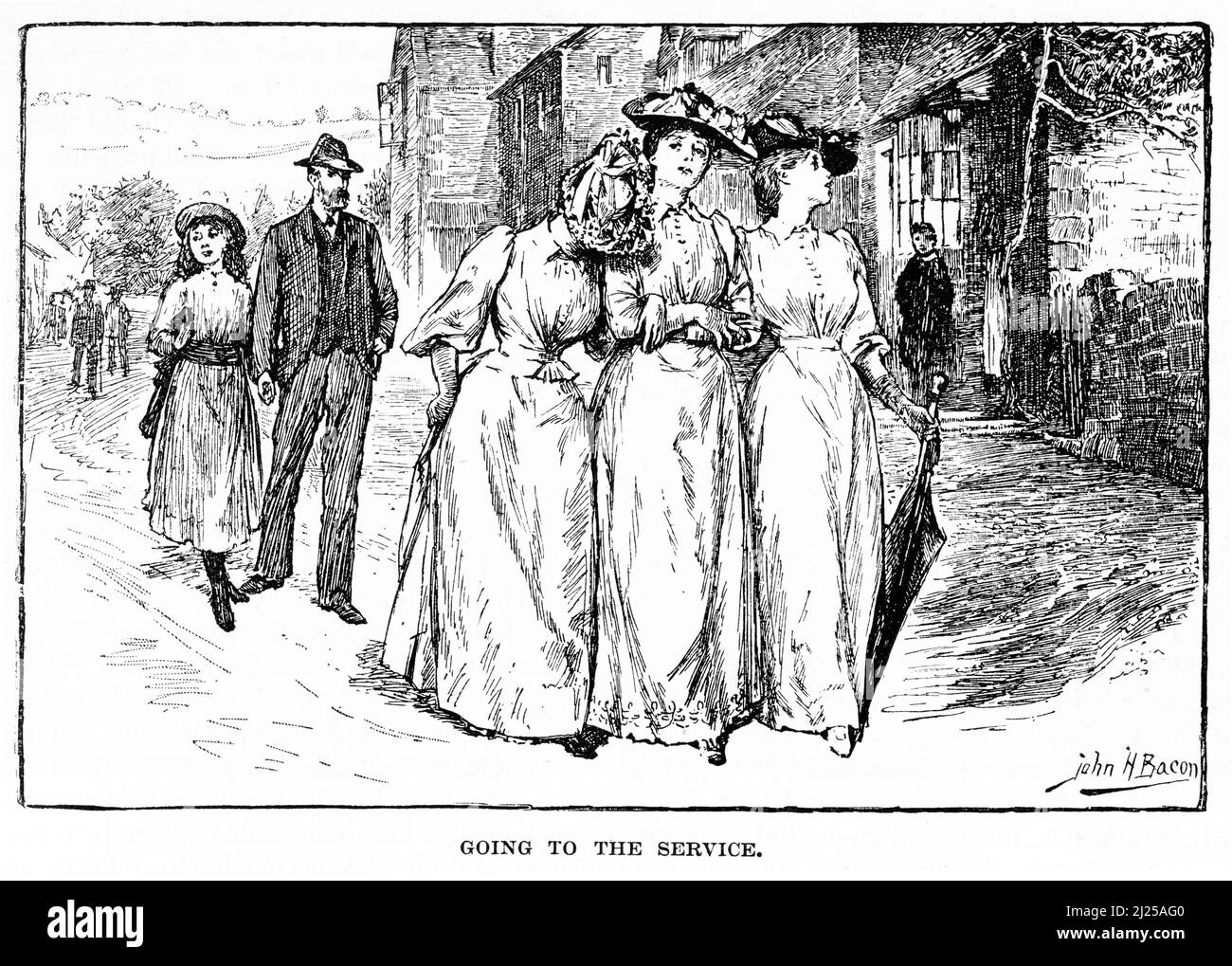 Engraving of a group of people, including three young women, heading off to their weekly church service, circa 1878 Stock Photo