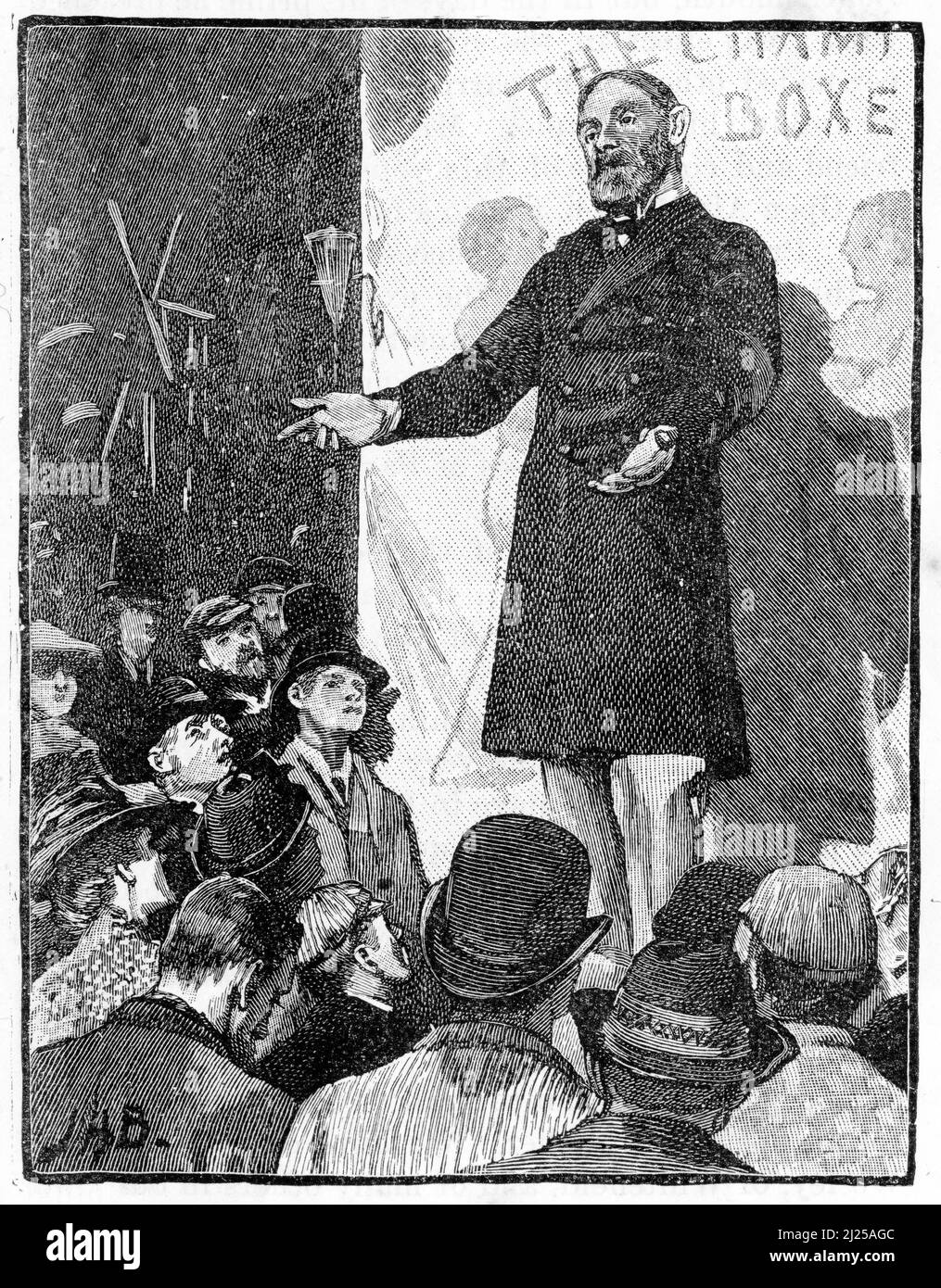 Engraving of a preacher speaking to a crowd gathered at a carnival side show, circa 1890 Stock Photo