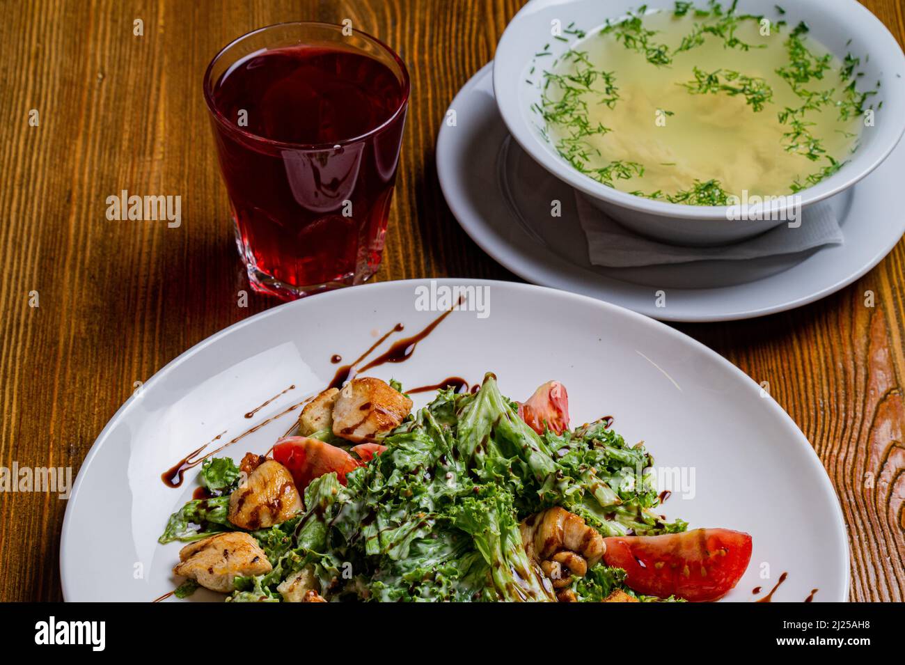 Breakfast including compote, salad, soup Stock Photo Alamy