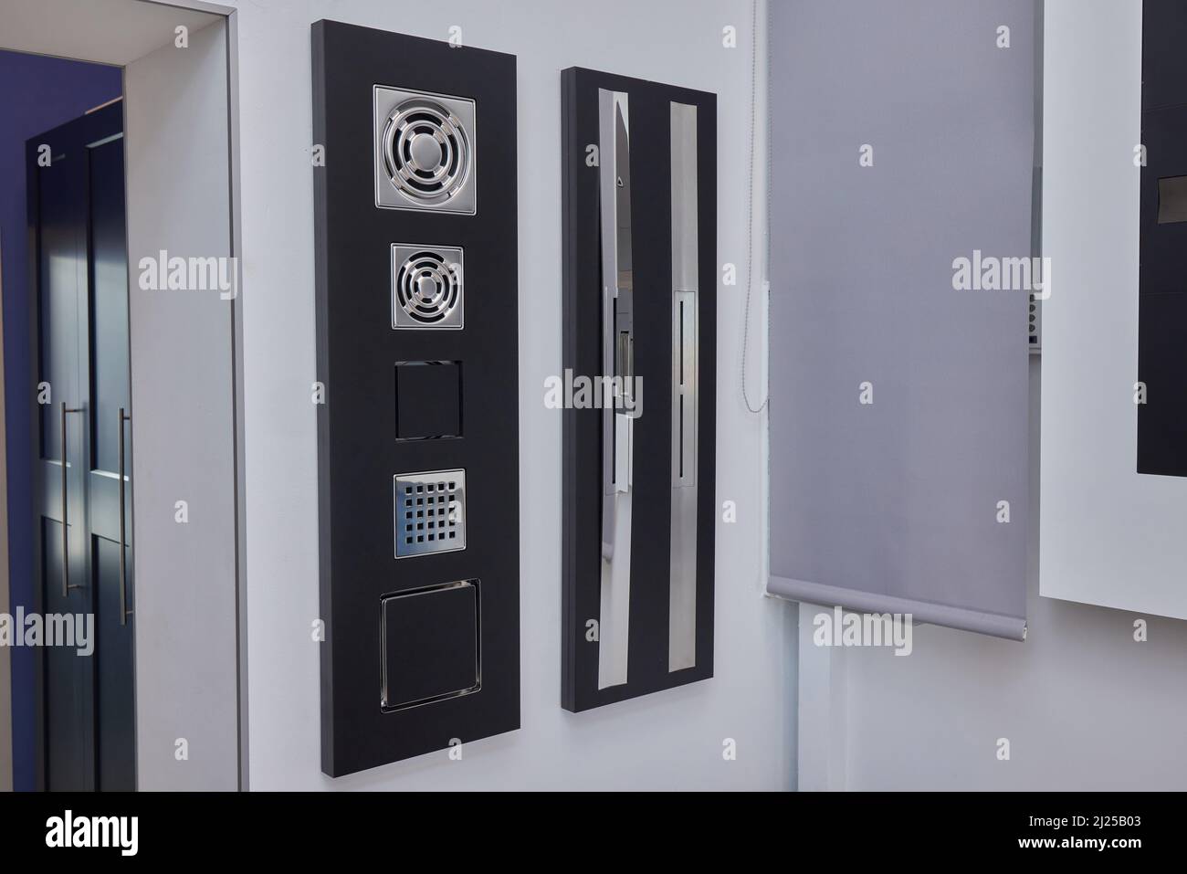 Linear floor level shower. Metal drain on floor shower. Drainage on