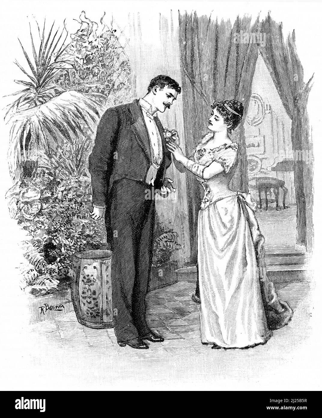 Engraving of a well-dressed woman adjusting the clothing of a man in Victorian-era England, circa 1890 Stock Photo