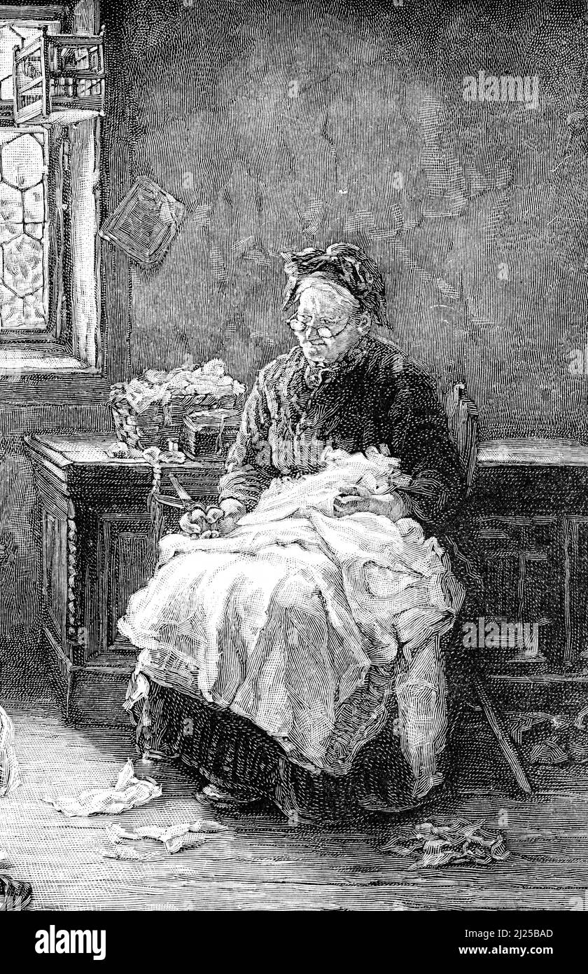 Engraving of an old woman with scissors in hand as she works on her sewing Stock Photo