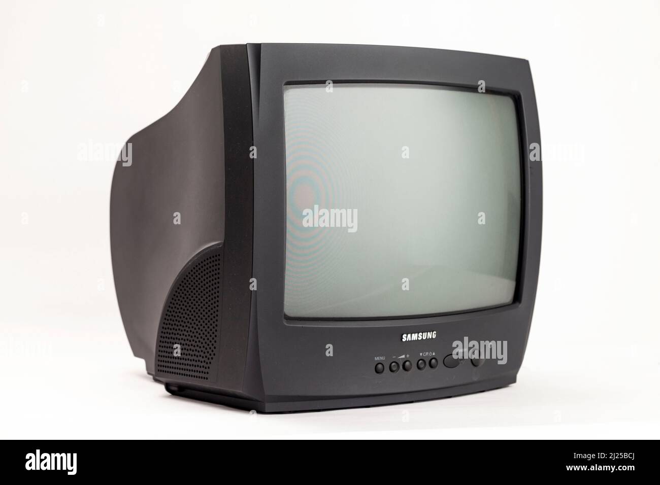 An old cathode ray portable tv on a white background Stock Photo