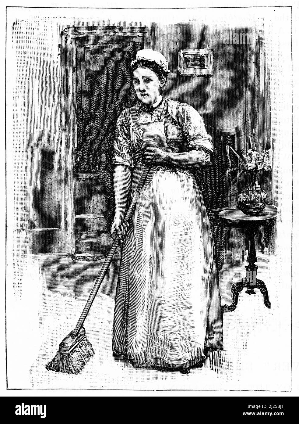 Engraving of a maid servant sweeping the floor in Victorian England, circa  1890 Stock Photo - Alamy