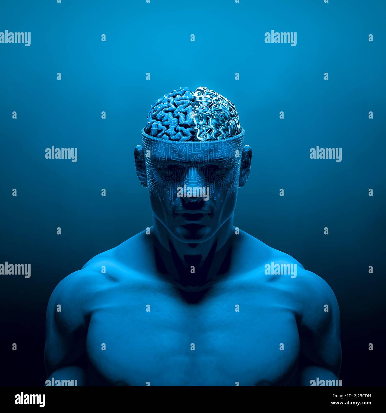Artificial thoughts - 3D illustration of dark blue robotic male figure with metallic brain Stock Photo