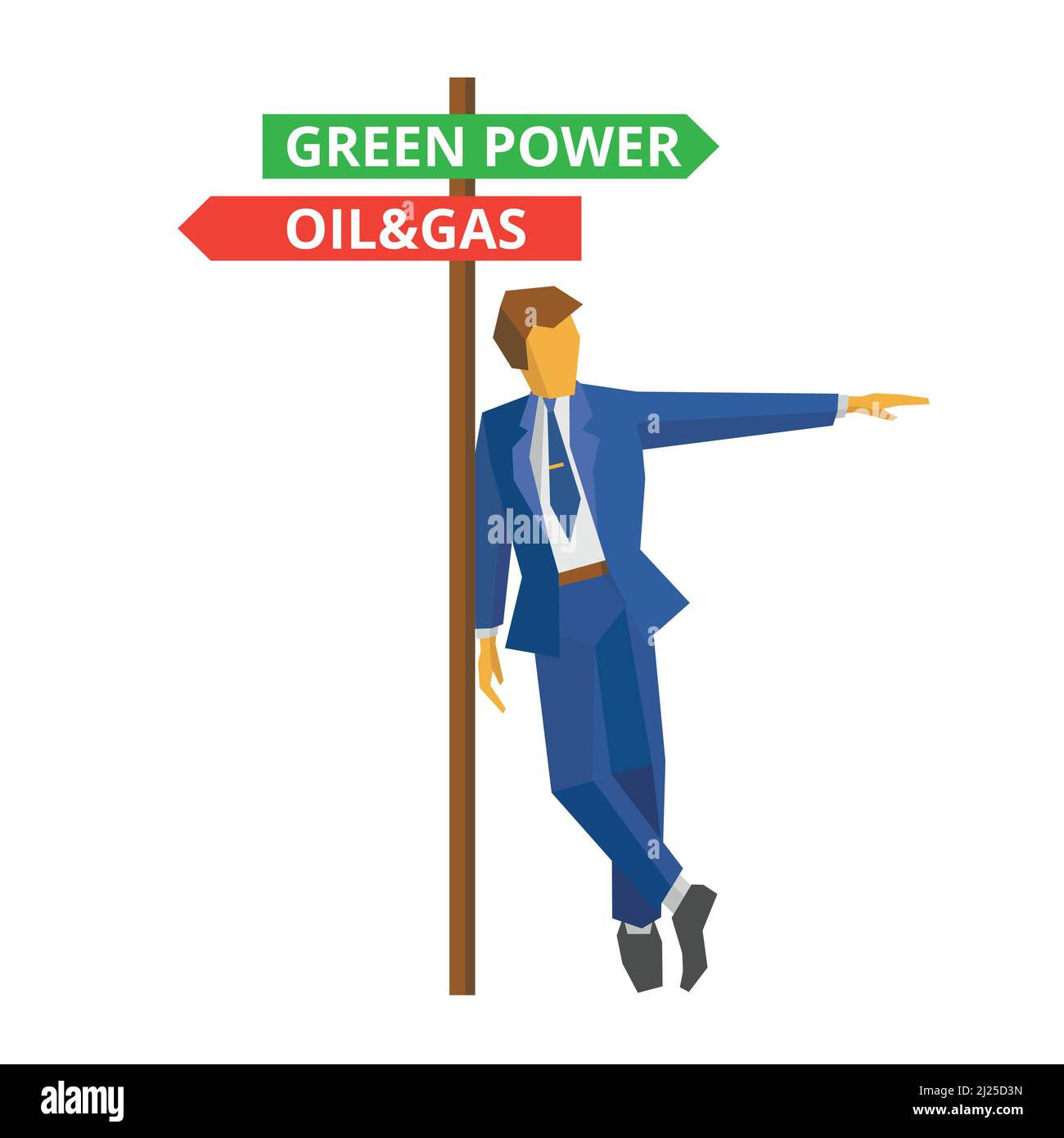 Businessman standing near pointer with text about oil, gas and renewable power. Stock Vector