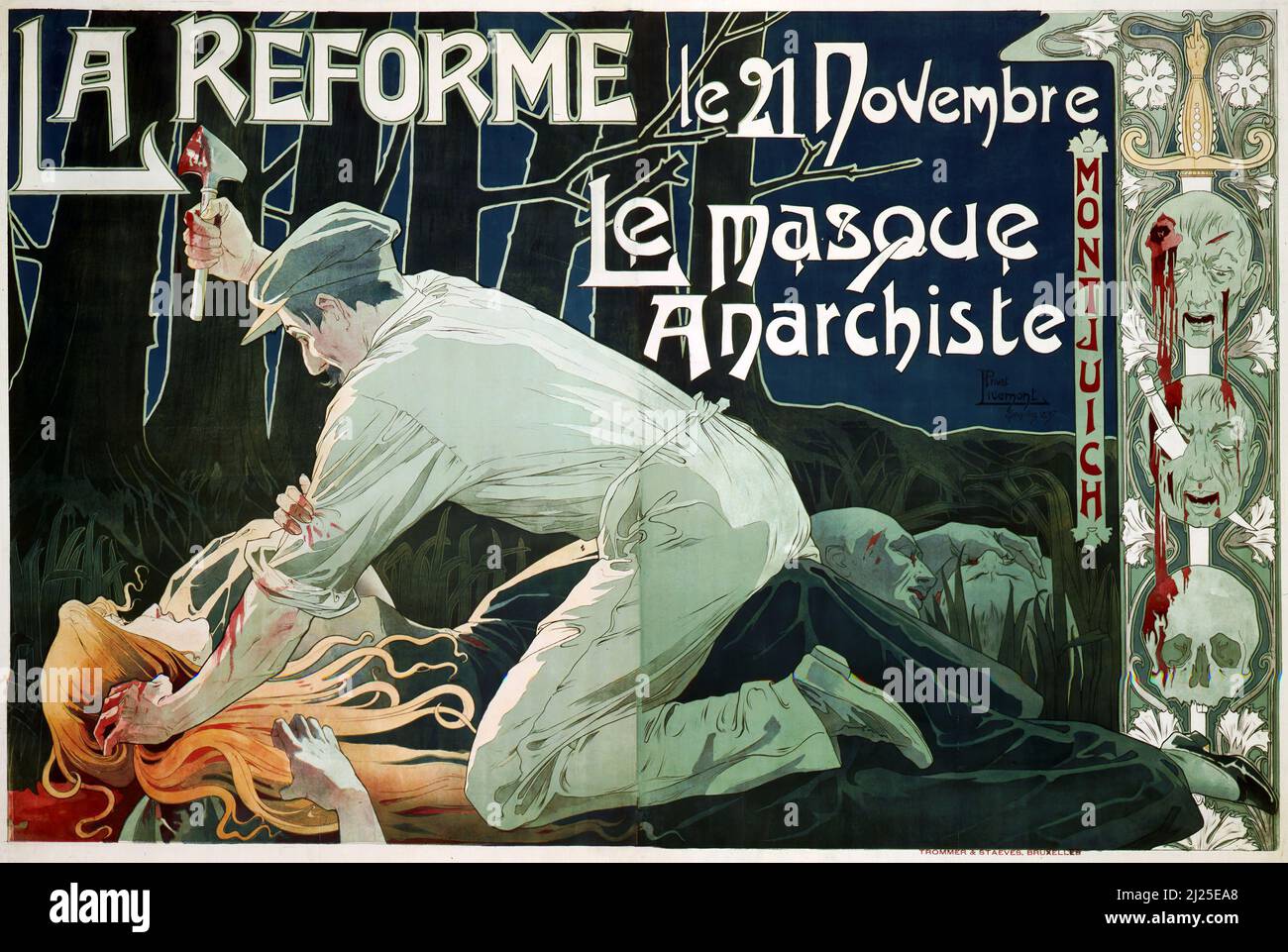 Vintage Art Nouveau by Henri Privat-Livemont - La Reforme, le 21 Novembre, le masque anarchiste (1897). Old advertisement poster. Stock Photo
