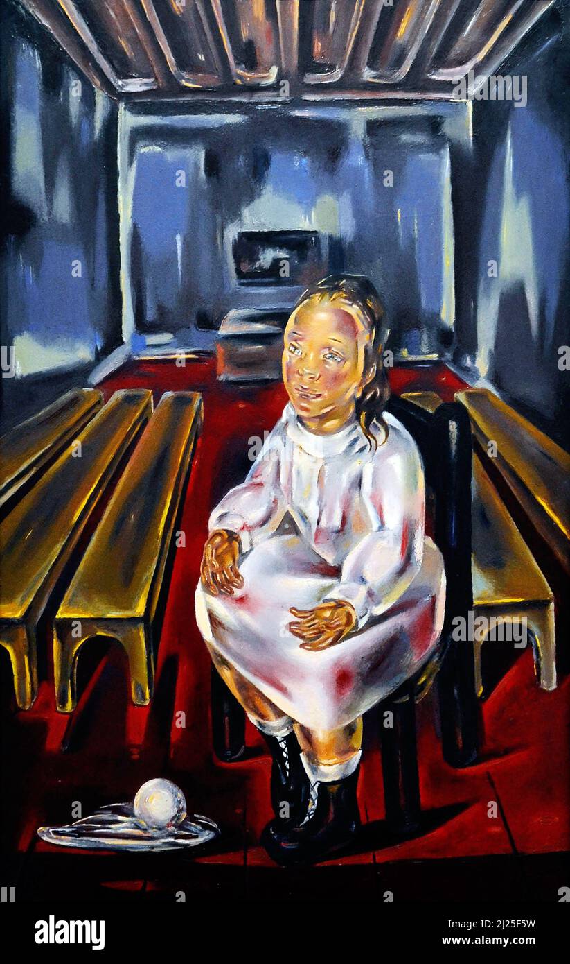 Painting by Maria Blanchard - Fillette assise (dans la salle aux bancs) (1925). Seated girl (in the room with the benches). Stock Photo