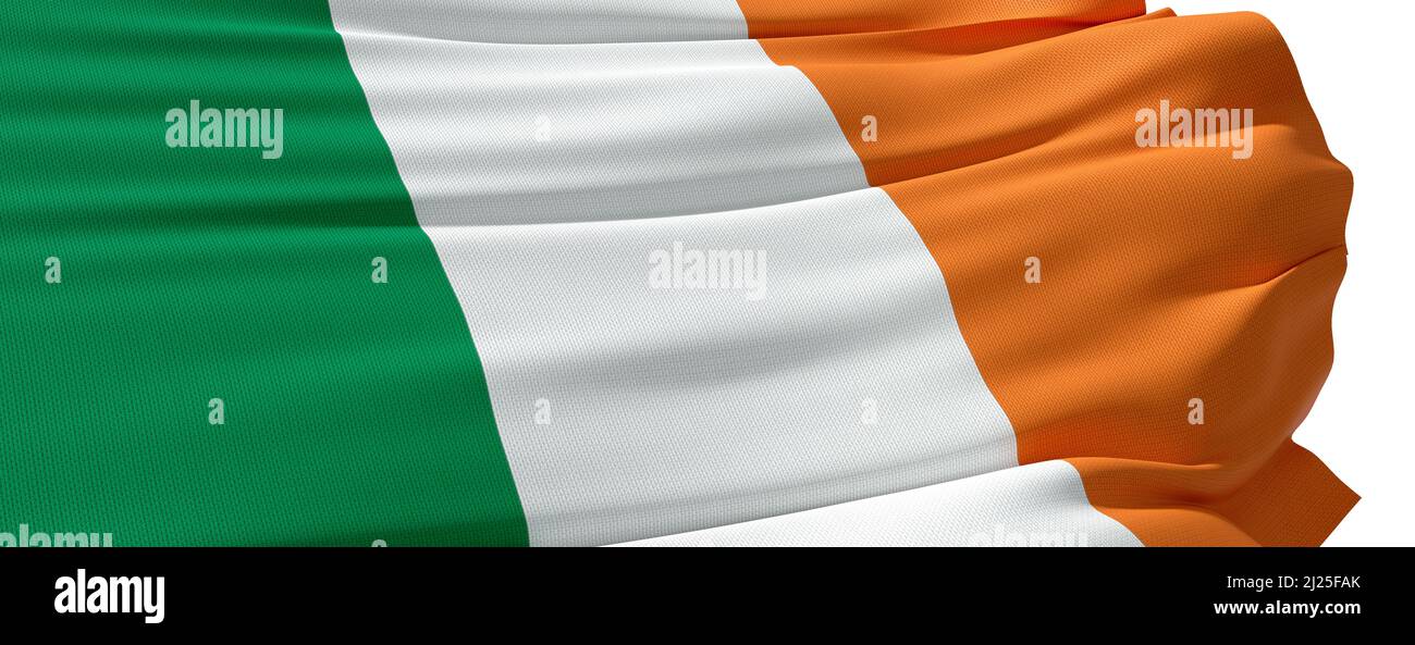 Irish flag blowing in the wind on white background - 3D rendering Stock Photo