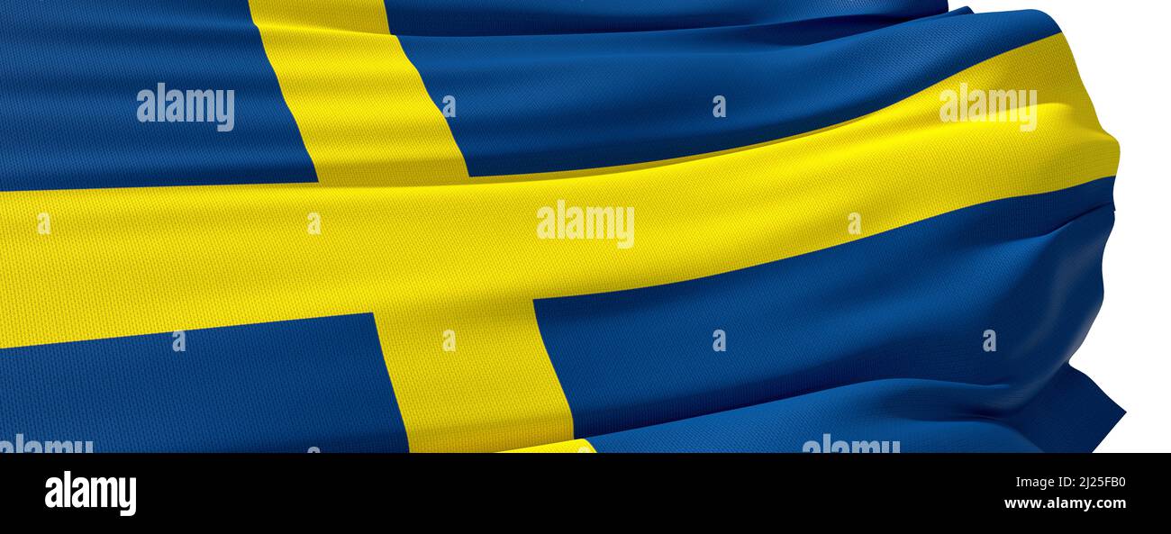 swedish flag blowing in the wind on white background - 3d rendering Stock Photo