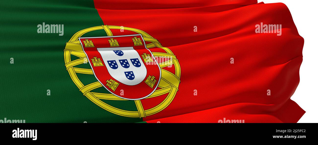 portuguese flag blowing in the wind on white background - 3d rendering Stock Photo