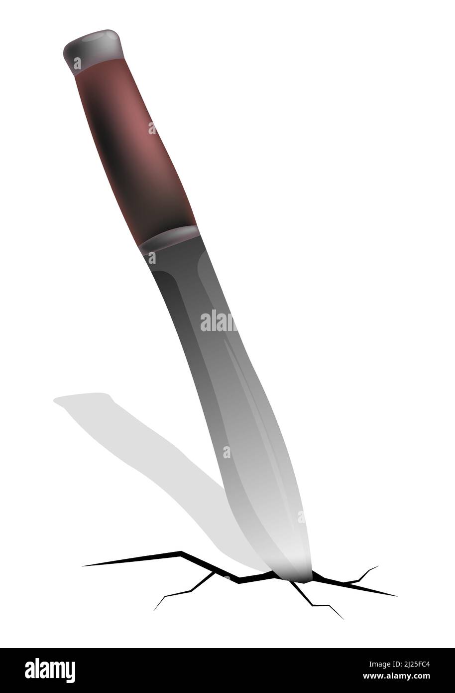 hunting knife stuck in ground with cracks. Cleavage from being stabbed into ground. Color vector concept isolated on white background Stock Vector