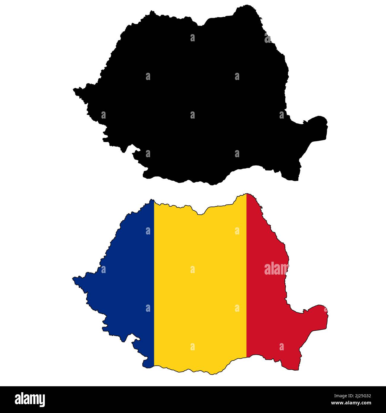 Detailed map of Romania on white background. Romania map colored with flag colors. flat style. Stock Photo