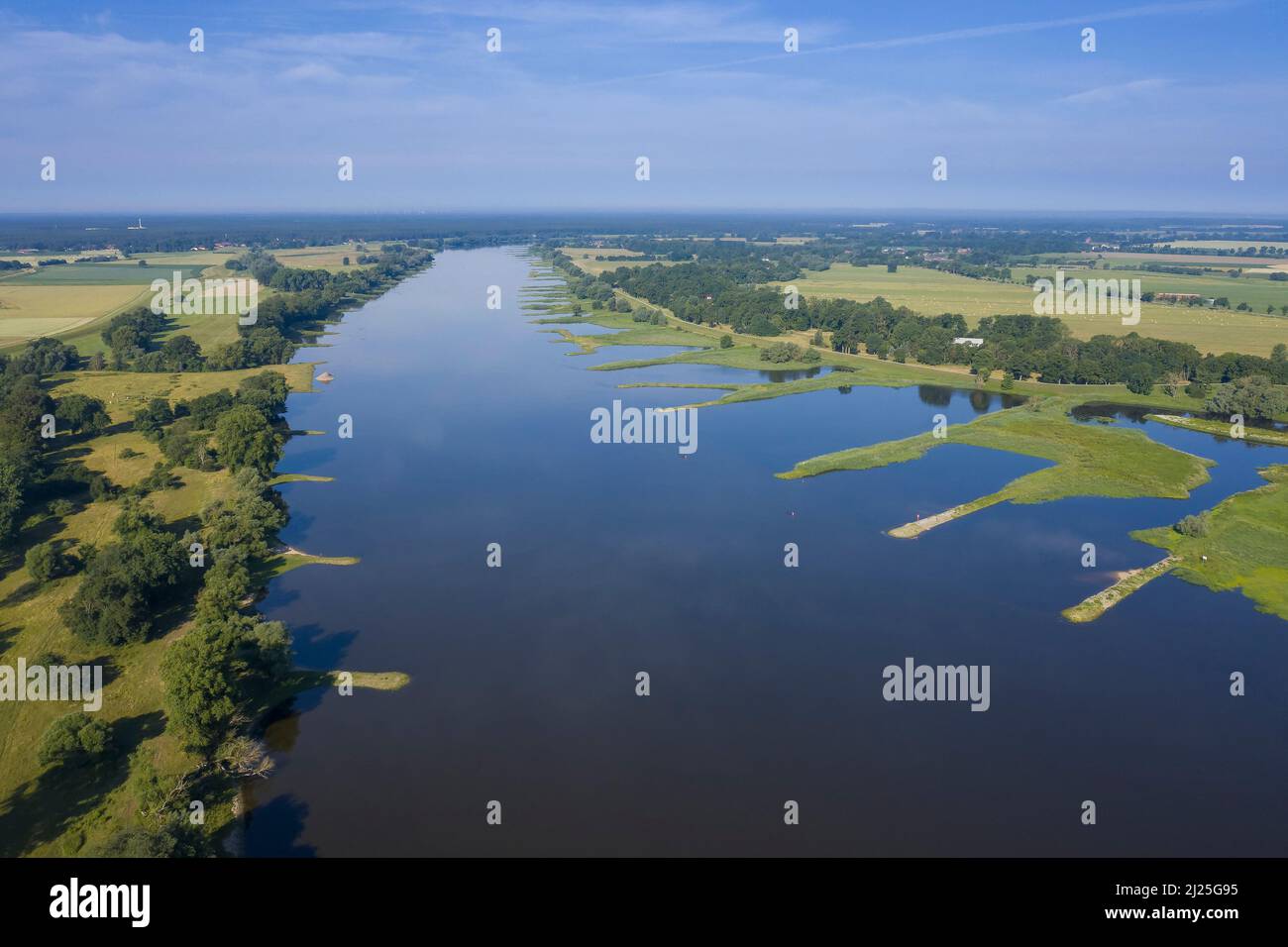 Aerial view of river Elbe at Lower Saxonian Elbe Valley, biosphere reserve. Lower Saxony, Germany Stock Photo
